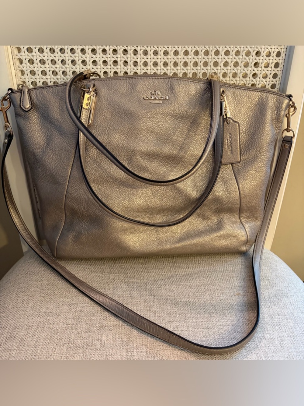 Coach Metallic Taupe Pebbled Leather Kelsey Tote